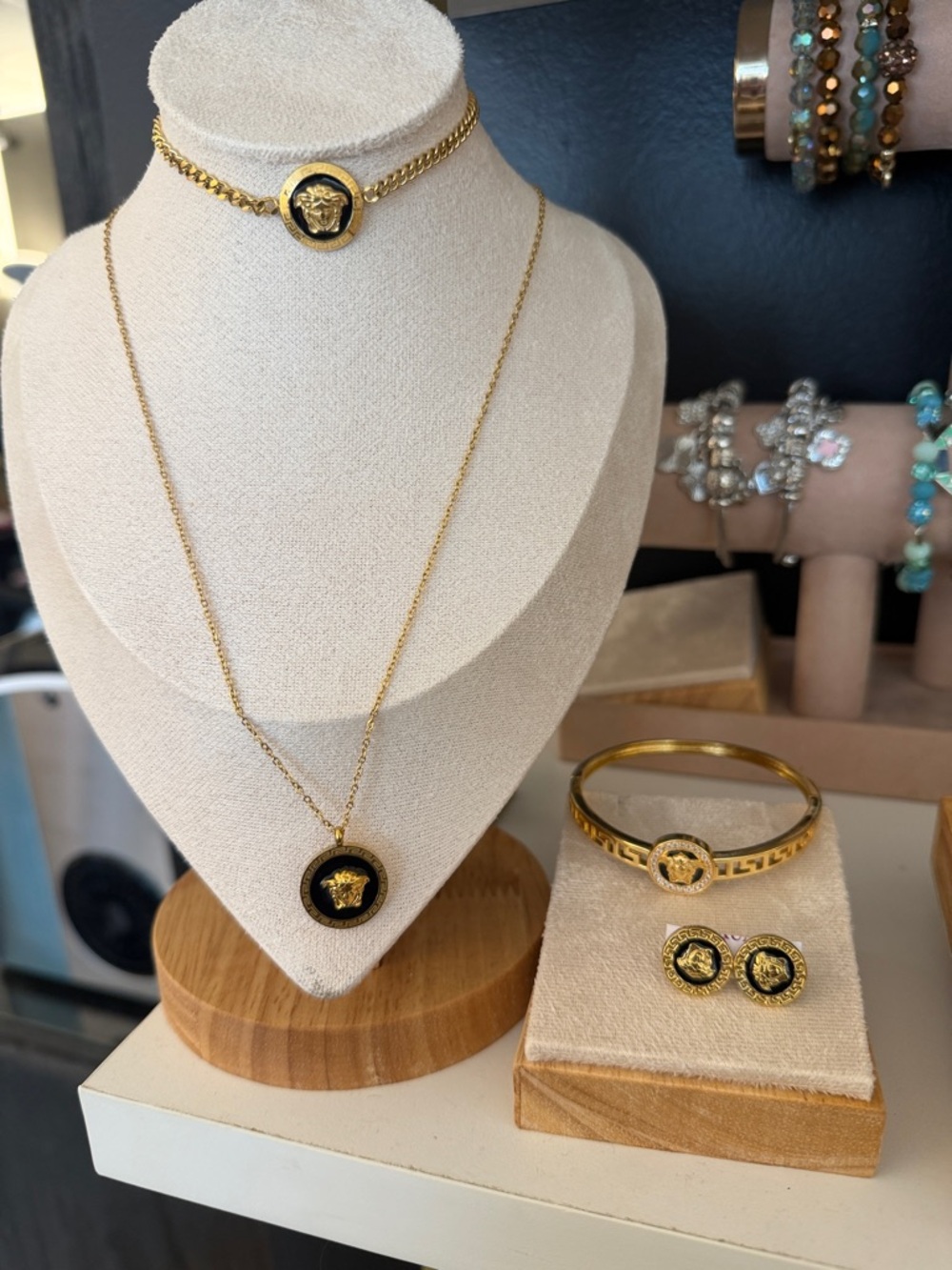 Gold Medallion Necklace and Earring Set - Black & Gold